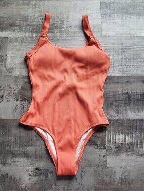 Mae One Piece Swimsuit Size Small NWOT Ribbed Knit Open Back Scoop Neck Aqua